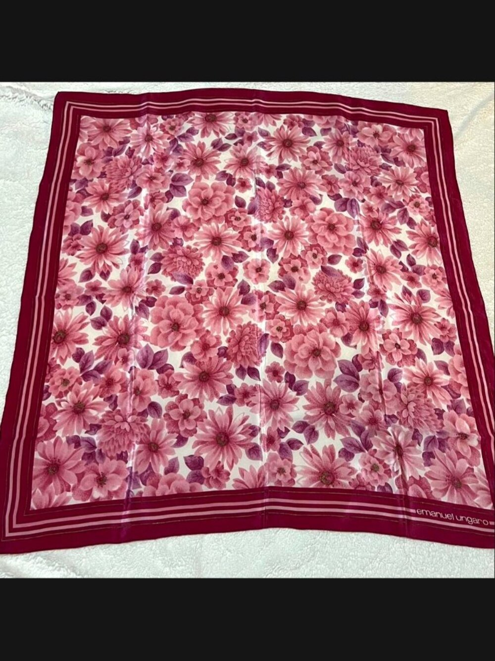 Emanuel Ungaro 30-Inch Floral, Metallic Vintage Silk Scarf / Hand Rolled / Japan